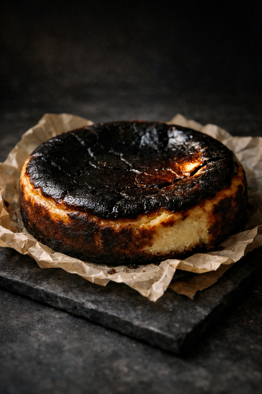 Yanık üst dokusu, loş ışık altında bir bütün cheesecake