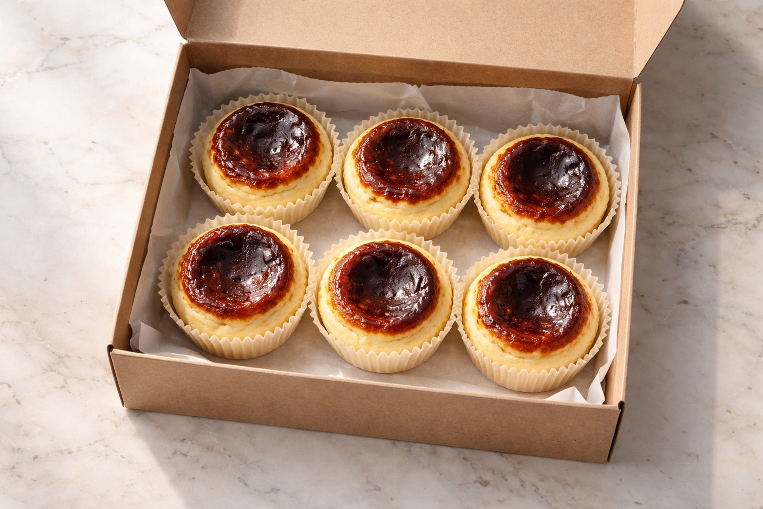 Altılı kutu içinde mini cheesecake porsiyonları